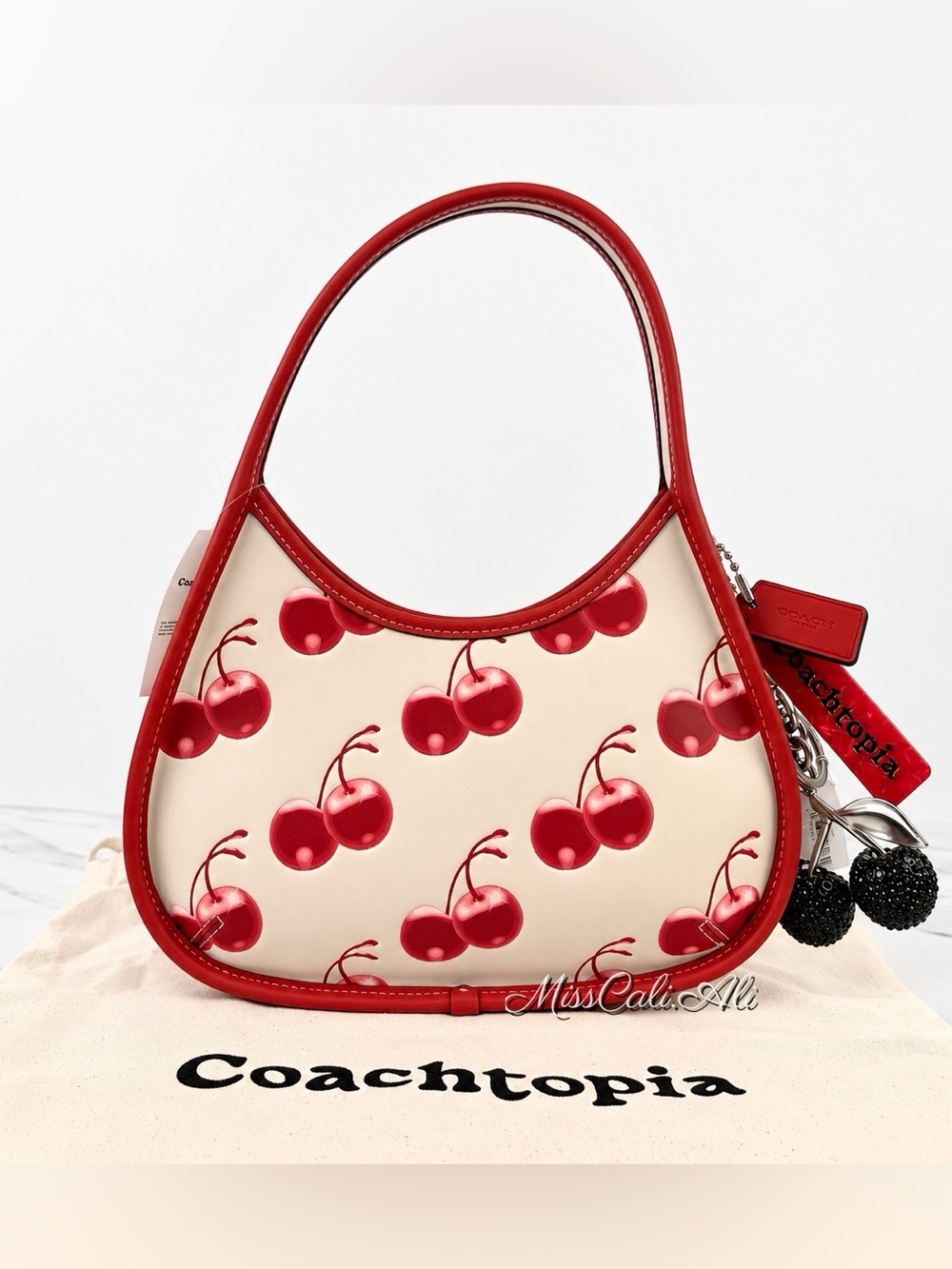 NWT COACH 🍒 Coachtopia Ergo Cherry Bag + Black Crystal Cherry Bag Charm Set